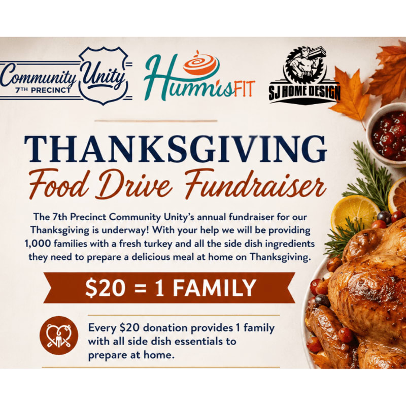 A roasted turkey with cranberries and citrus slices fills the foreground, while the background features text announcing a Thanksgiving Food Drive Fundraiser.