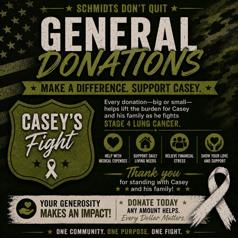 A distressed American flag forms the background for a poster soliciting donations for Casey's fight against Stage 4 lung cancer, with a shield and donation information in the foreground.
