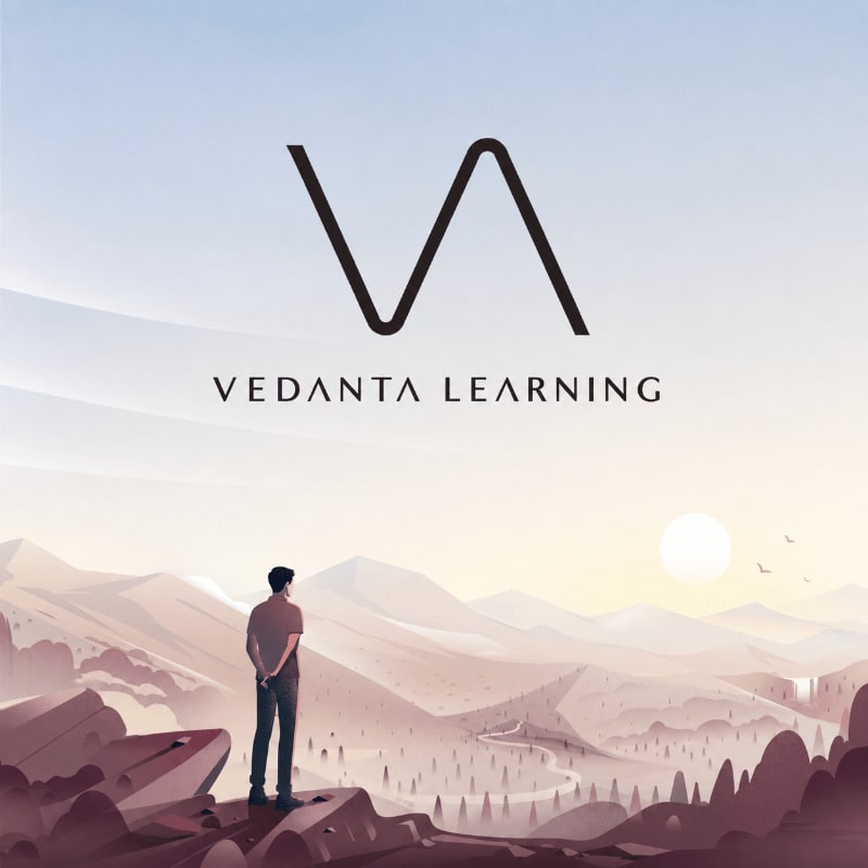 A lone figure stands on a rocky outcrop, gazing at a vast, mountainous landscape bathed in the warm glow of a setting sun, with the "Vedanta Learning" logo prominently displayed above.