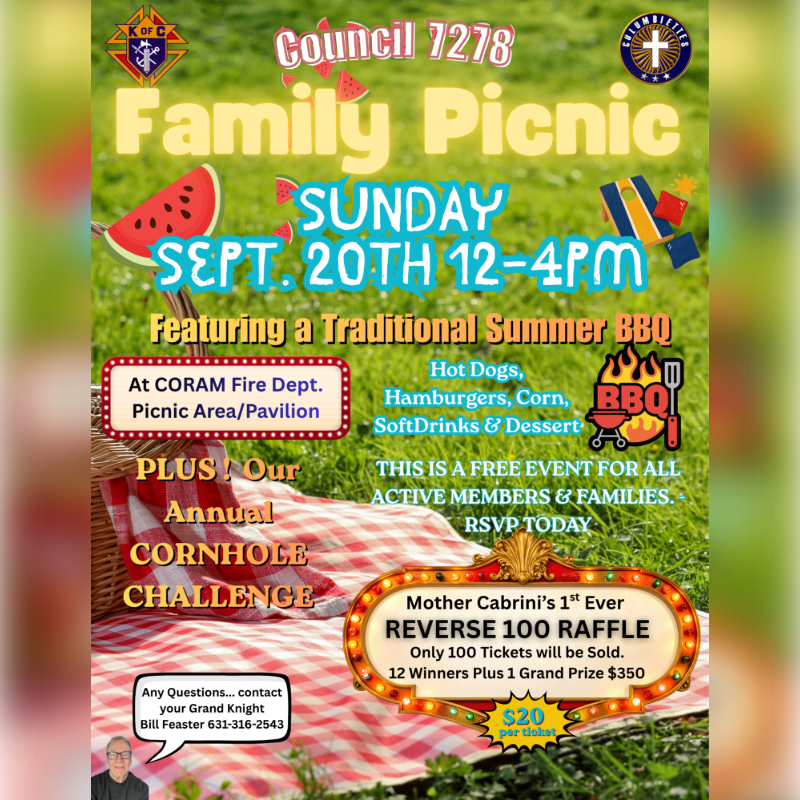 A checkered picnic blanket in the foreground is set against a sunny outdoor background advertising a family picnic with a BBQ and cornhole challenge.