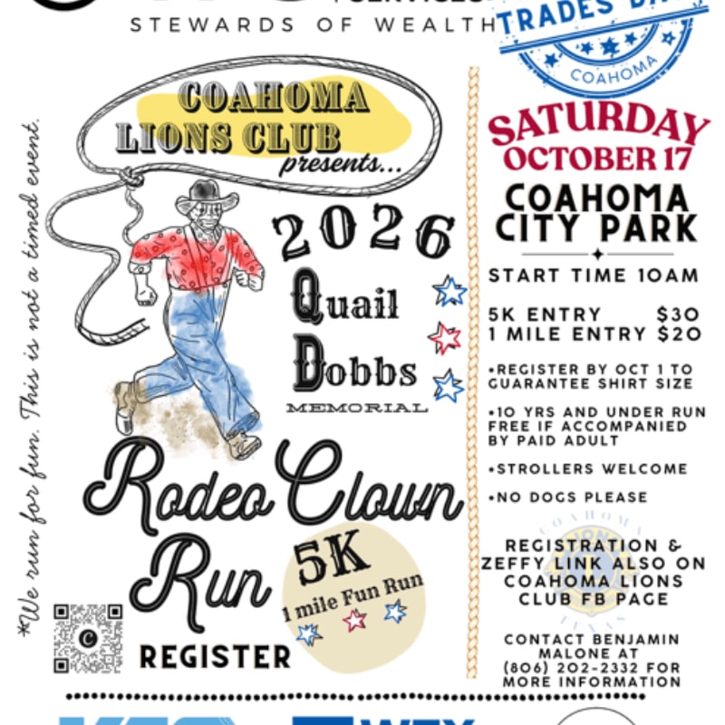 A watercolor drawing of a rodeo clown running in the foreground is on a flyer advertising the Coahoma Lions Club Quail Dobbs Memorial Rodeo Clown Run 5K and 1 mile fun run, with event details in the background.
