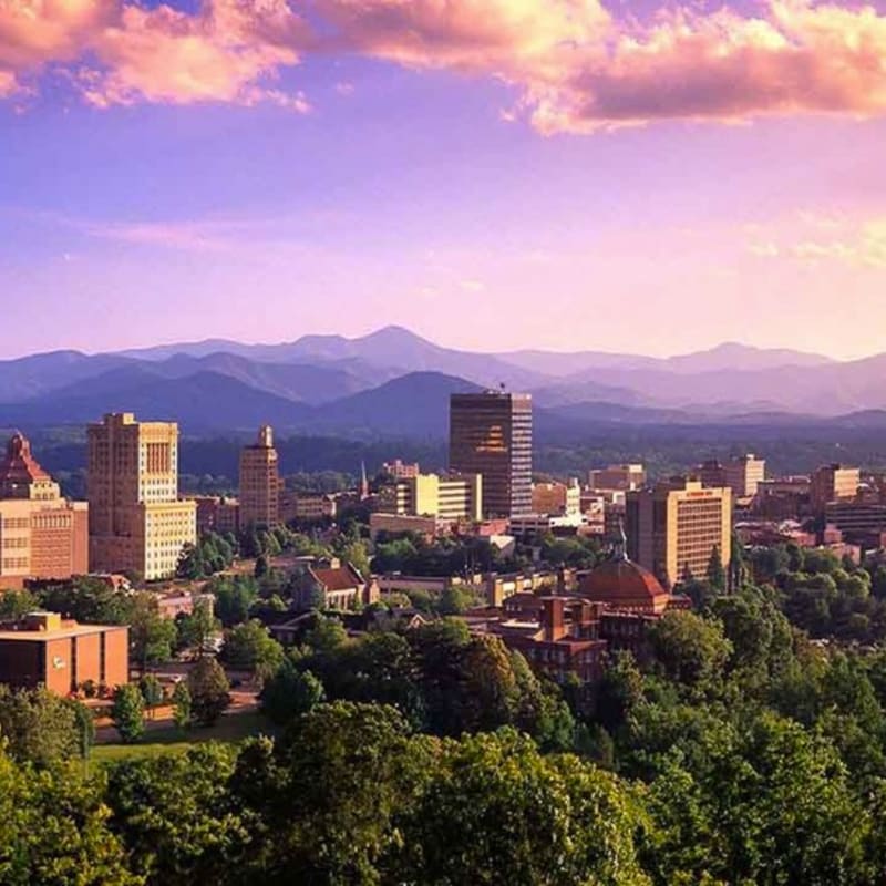 A vibrant cityscape with lush green trees in the foreground is set against a backdrop of majestic mountains under a pastel-colored sky.