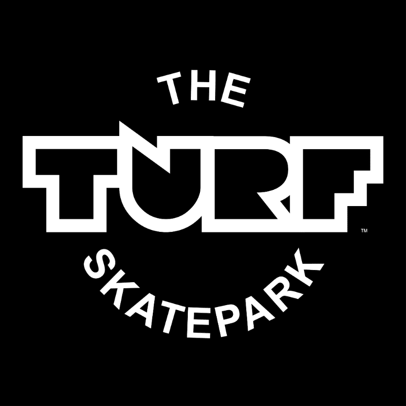 White text on a black background reads "THE TURF SKATEPARK" in a stylized font.