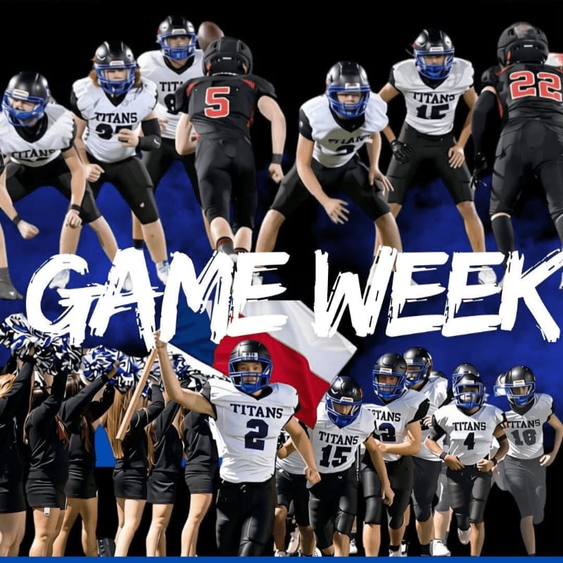 A football team in white and black uniforms with "TITANS" on their jerseys poses in the foreground, while a blurred background shows more players and cheerleaders under a dark sky.