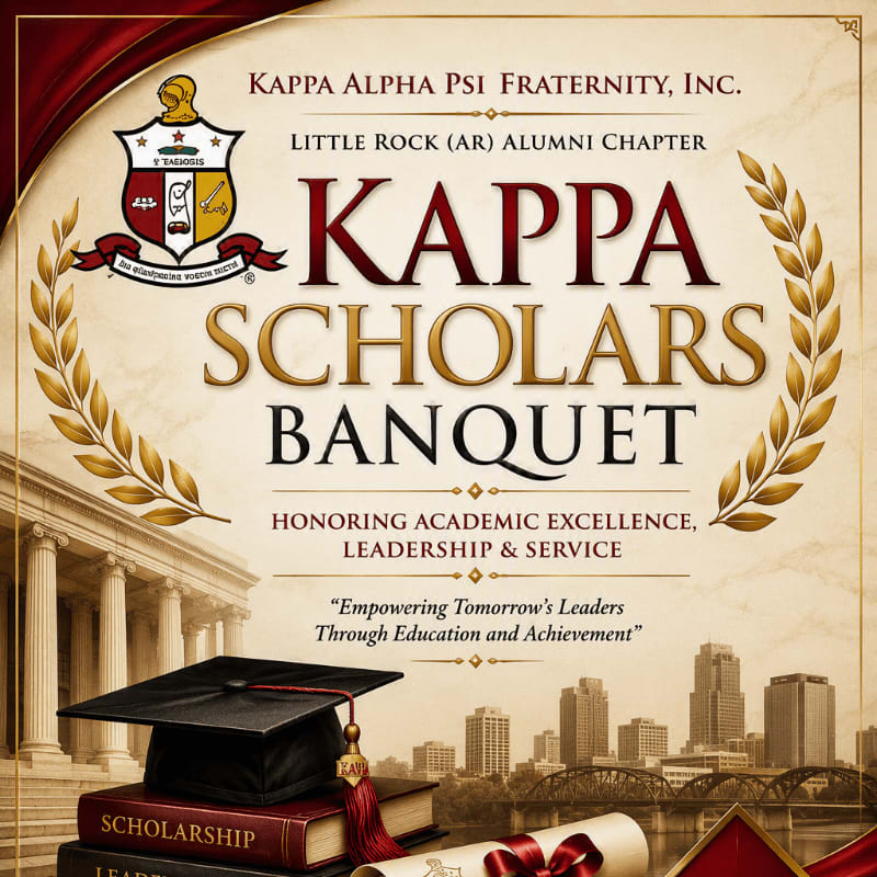 A graduation cap and books sit in the foreground, with a cityscape and fraternity crest in the background, announcing the Kappa Scholars Banquet.