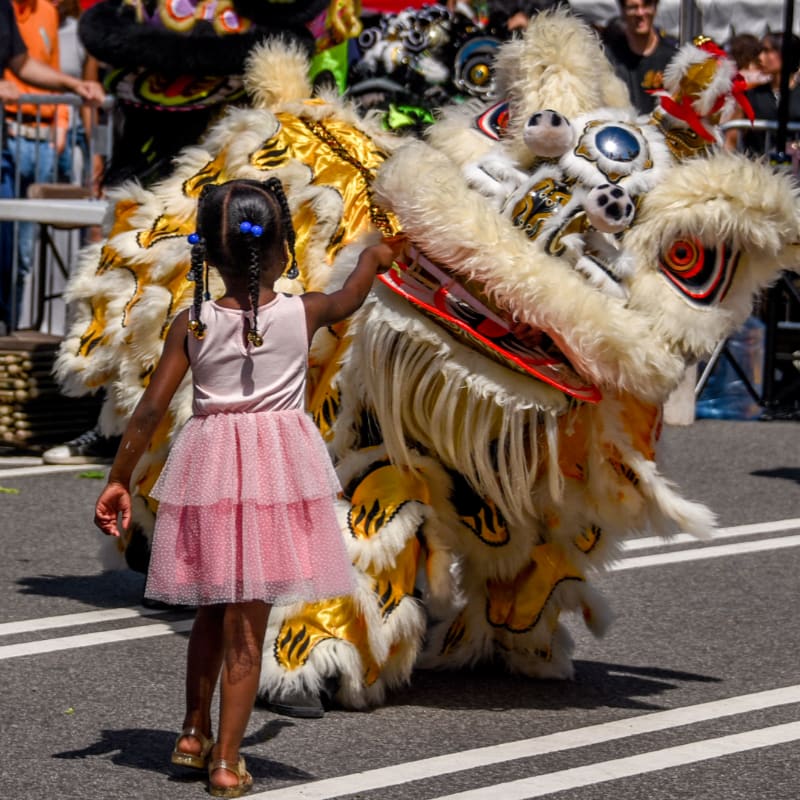 A young girl in a pink dress reaches out to a colorful lion dance costume in the foreground, with a blurred crowd and buildings in the background.