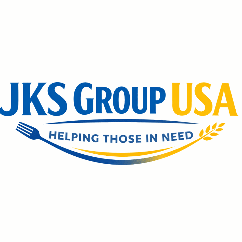 A fork and a wheat stalk frame the text "JKS GROUP USA HELPING THOSE IN NEED" on a white background.