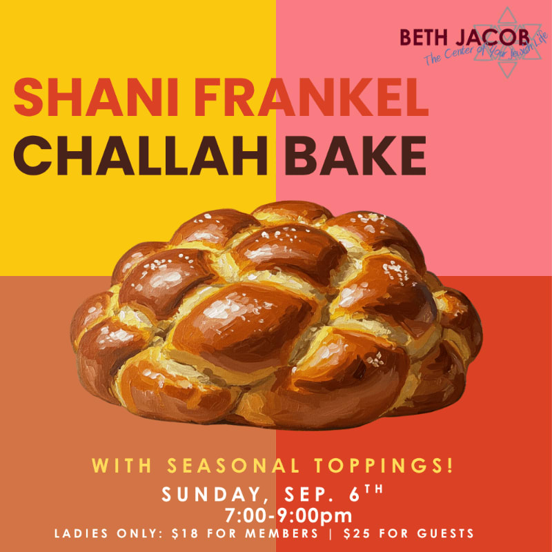 A braided challah loaf with a sprinkle of salt sits in the foreground against a colorful background with event details for a "Shani Frankel Challah Bake."