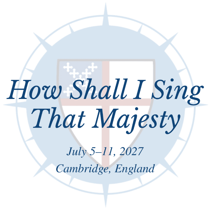 A compass rose in the background frames a shield with text that reads "How Shall I Sing That Majesty" and event details below.