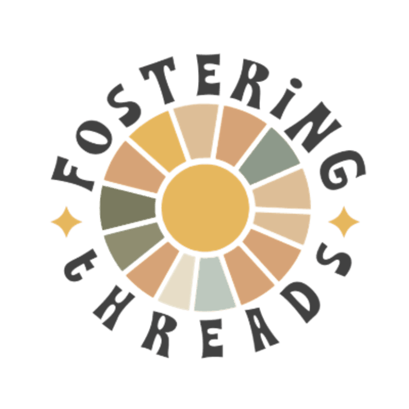 A circular logo with the words "FOSTERING THREADS" in a retro font surrounds a sun-like graphic with segmented colors, set against a plain white background.