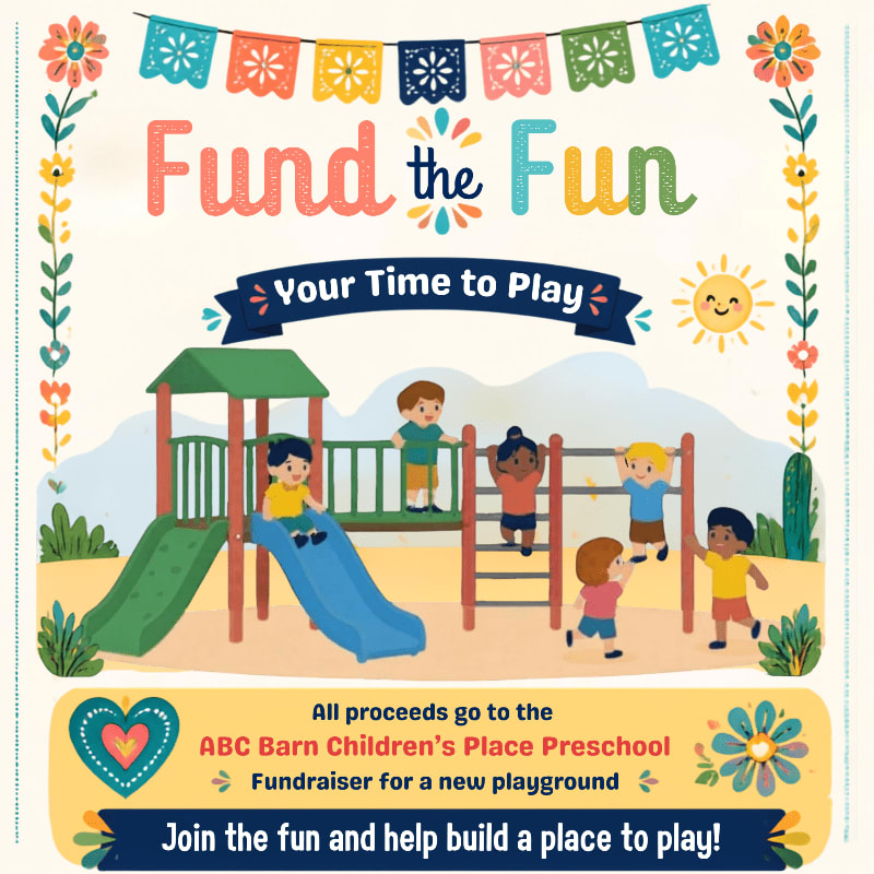 Children play on a colorful playground with a desert landscape and festive banners in the background.
