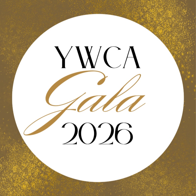 A white circle with "YWCA Gala 2026" in black and gold text is set against a textured gold background.