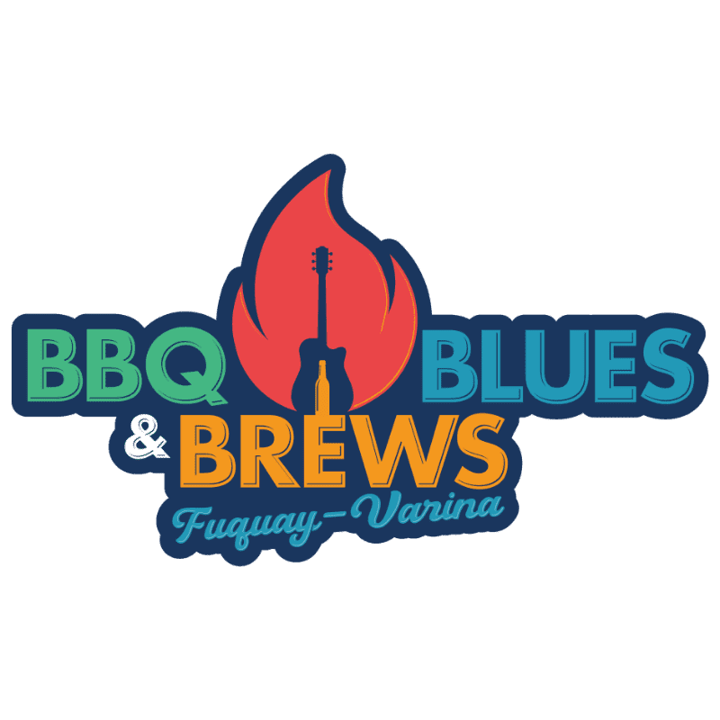 A stylized logo features a guitar silhouette within a flame above the words "BBQ BLUES & BREWS" in colorful, bold lettering, with "Fuquay-Varina" written below in a smaller, cursive font, all set against a white background.