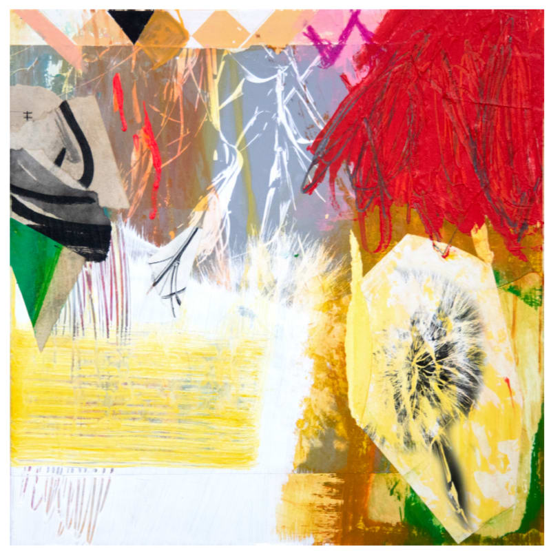 A vibrant abstract collage features a dandelion seed head in the foreground against a chaotic background of paint strokes, paper scraps, and geometric shapes.