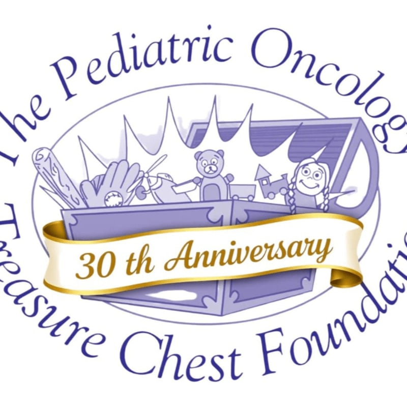 A treasure chest overflowing with toys is depicted in the foreground, with the words "The Pediatric Oncology Treasure Chest Foundation" encircling it in the background.