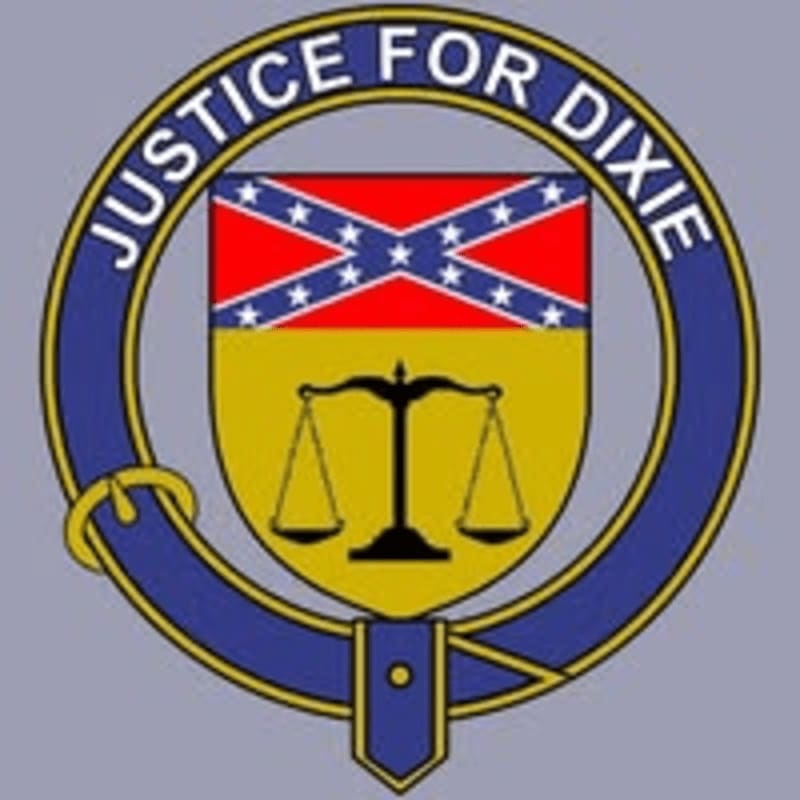 A circular emblem with the words "JUSTICE FOR DIXIE" encircles a shield featuring the Confederate flag above a set of scales of justice.