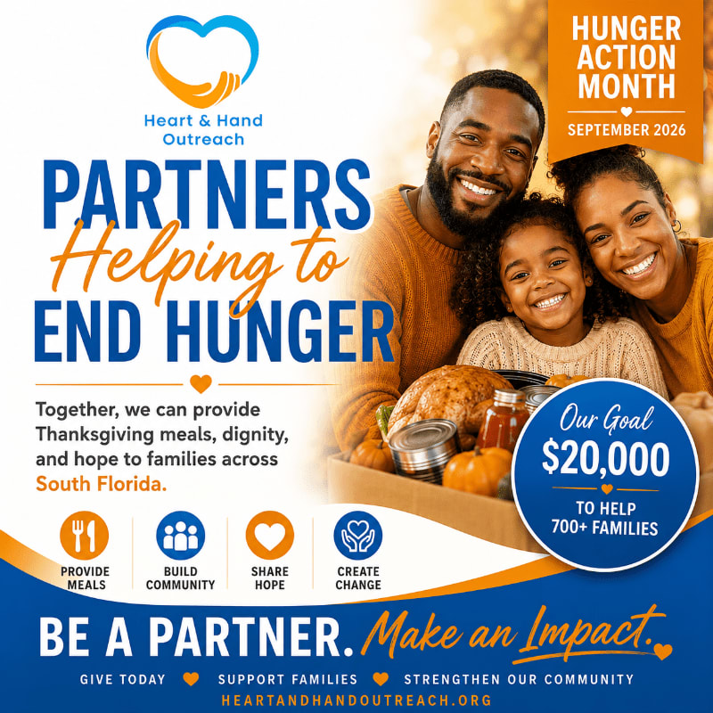 A smiling family is featured in the foreground with a Thanksgiving meal, while the background displays text about Hunger Action Month and a fundraising goal.