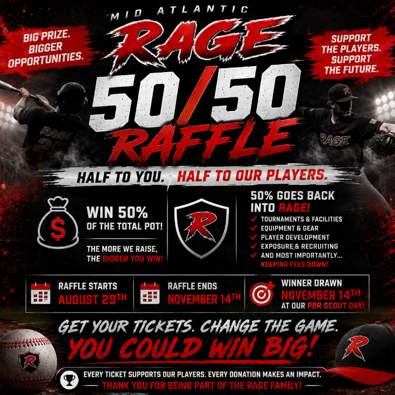 In the foreground, baseballs and a cap with a red "R" logo sit on a dark surface, while the background features a graphic promoting a 50/50 raffle with baseball players in action.