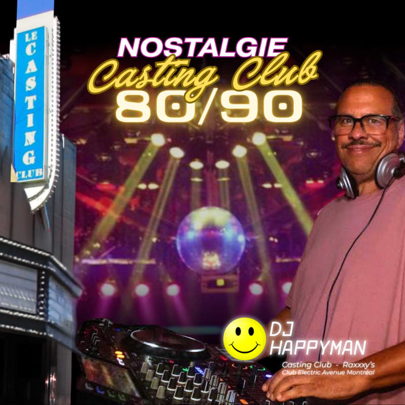A smiling DJ with headphones stands in front of a disco ball and stage lights at the Casting Club 80/90.