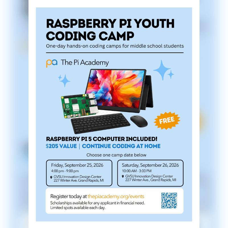 A flyer for a Raspberry Pi Youth Coding Camp features a Raspberry Pi computer and monitor in the foreground against a light blue background with sparkling stars.