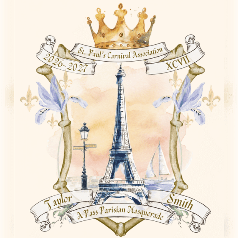 A watercolor crest features the Eiffel Tower in the foreground, with a crown and banner above, and a sailboat in the background.