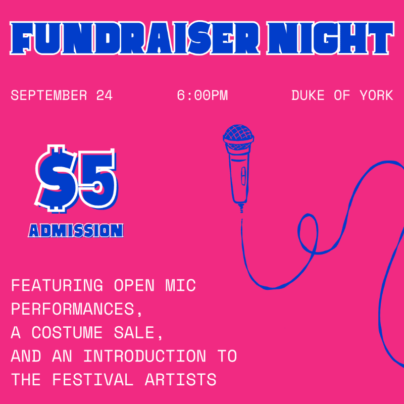 A bright pink flyer announces a fundraiser night with details of the event in white text, featuring a large "$5 ADMISSION" graphic and a simple microphone illustration in the foreground, against a plain background.