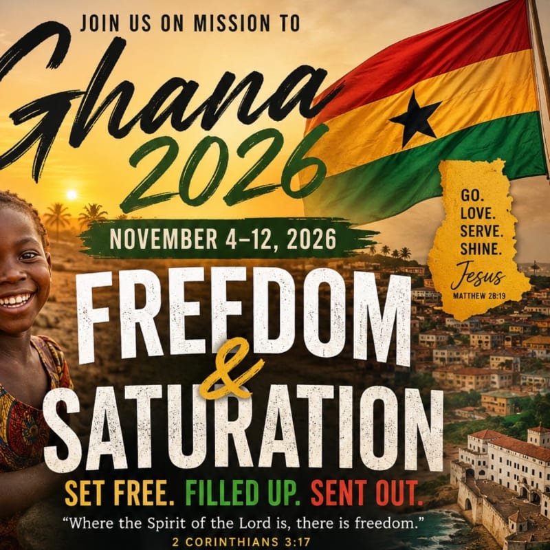 A smiling young girl in the foreground looks towards the viewer, while the background features the Ghanaian flag, a map of Ghana, and a cityscape under a sunset sky, all promoting a mission trip to Ghana in 2026.