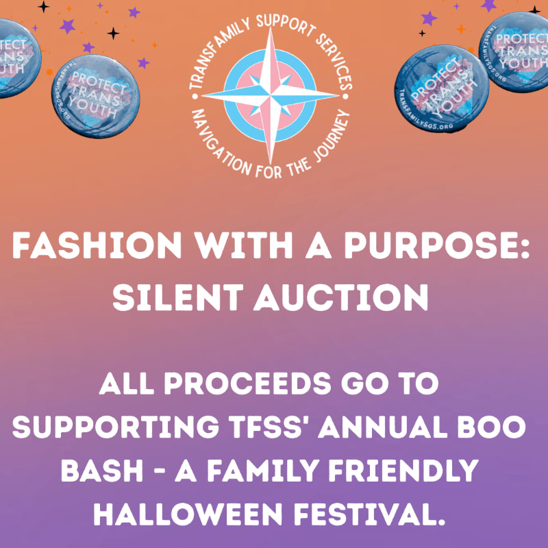 In the foreground, bold white text announces a "Fashion with a Purpose: Silent Auction" benefiting TFSS's annual Boo Bash, while the background features a gradient of orange to purple with decorative stars and circular badges that read "Protect Trans Youth."