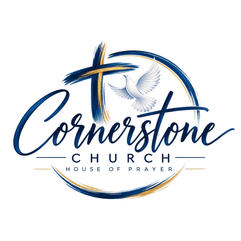 A white dove flies near a blue and gold cross above the words "Cornerstone Church House of Prayer" in elegant script, all set against a white background.