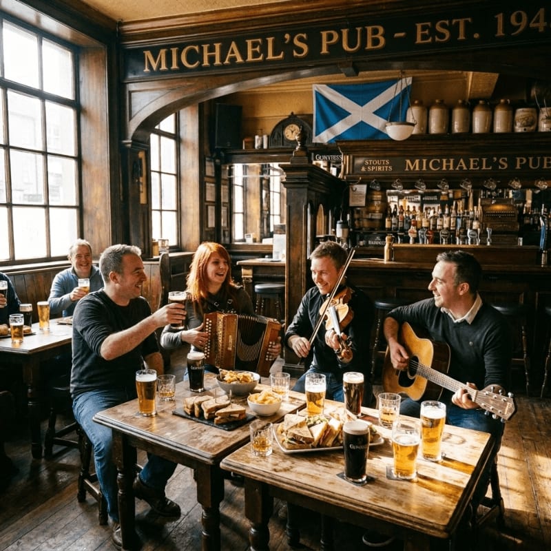In the foreground, a group of friends enjoys drinks and music at a table in a cozy pub, while the background reveals a well-stocked bar and a Scottish flag.