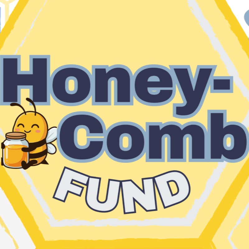 A cartoon bee holding a jar of honey sits in front of the words "Honeycomb FUND" against a yellow honeycomb background.