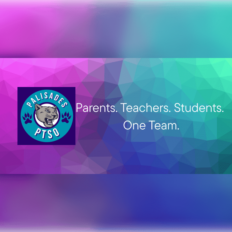 A school logo with a panther and the text "Parents. Teachers. Students. One Team." is displayed on a colorful, geometric background.