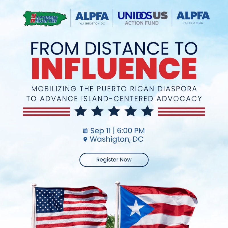 Two flags, one American and one Puerto Rican, wave in the foreground against a sky with event details and logos in the background.