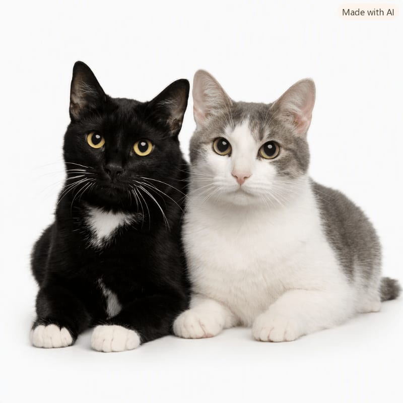 Two cats, one black with a white chest and the other grey and white, sit side-by-side against a plain white background.