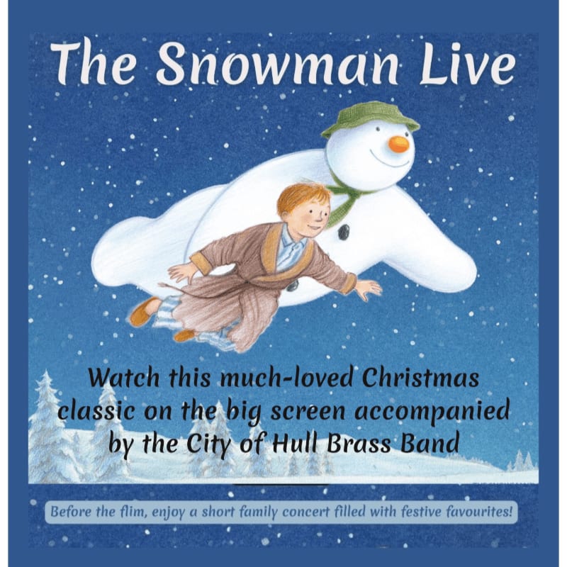 A boy and the Snowman fly through a snowy night sky above a silhouetted winter landscape, advertising "The Snowman Live" with accompanying text.