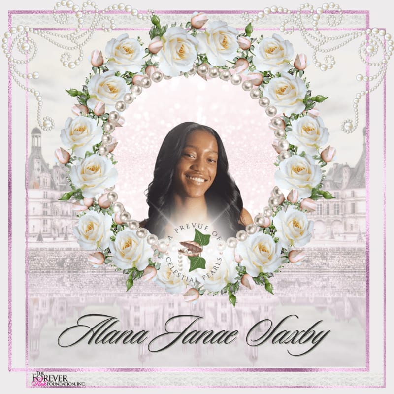 A young woman is framed by a floral wreath with pearls, set against a backdrop of a castle and a reflective body of water.