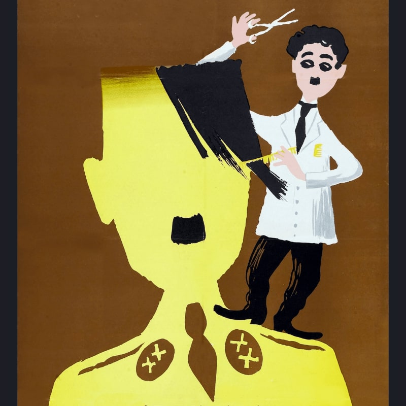 A caricature of Charlie Chaplin, dressed as a barber, cuts the hair of a stylized figure resembling Adolf Hitler, set against a brown background.