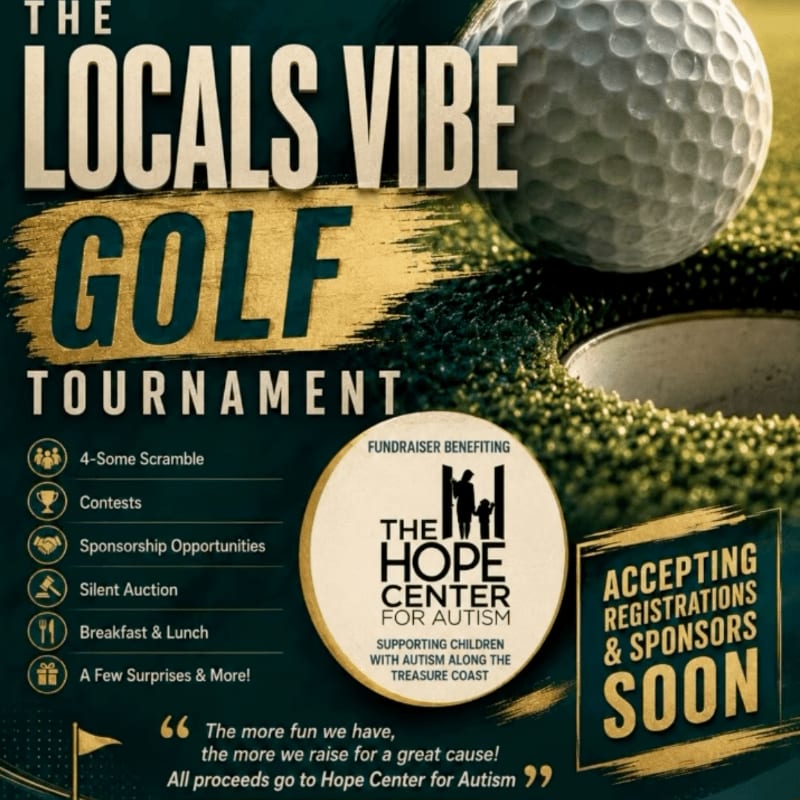 A golf ball hovers over a hole in the foreground, with text announcing "The Locals Vibe Golf Tournament" and details about the event filling the background.