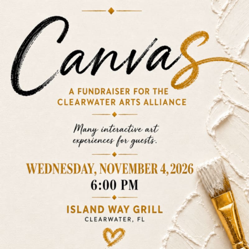 A paintbrush with white bristles and a gold ferrule rests on a textured cream background, with the word "Canvas" and event details for a fundraiser in the foreground.