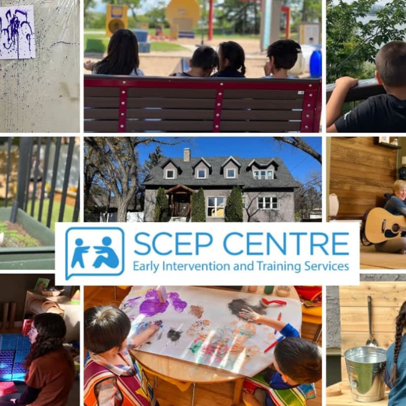 Children engage in various activities like painting, playing with blocks, and listening to music, with a building and a scenic view in the background.
