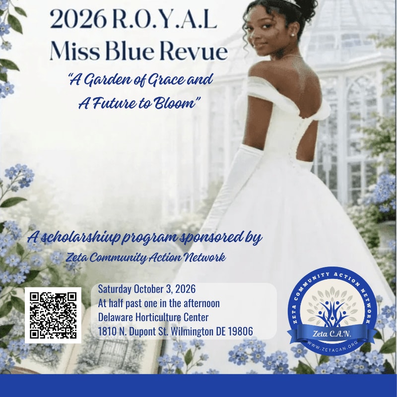 A young woman in a white gown stands in a garden with text announcing the 2026 R.O.Y.A.L Miss Blue Revue scholarship program.