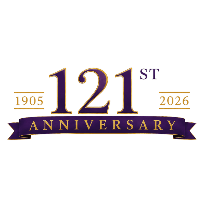 A purple ribbon with gold lettering reading "ANNIVERSARY" is in the foreground, with the numbers "121st" in large purple font with gold trim, flanked by "1905" and "2026" in gold, set against a white background.