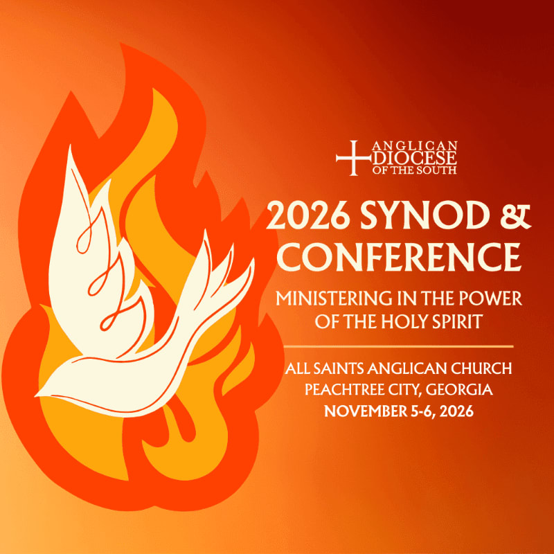 A white dove with outstretched wings is superimposed on stylized orange flames in the foreground, while the background features text announcing the 2026 Synod & Conference of the Anglican Diocese of the South.