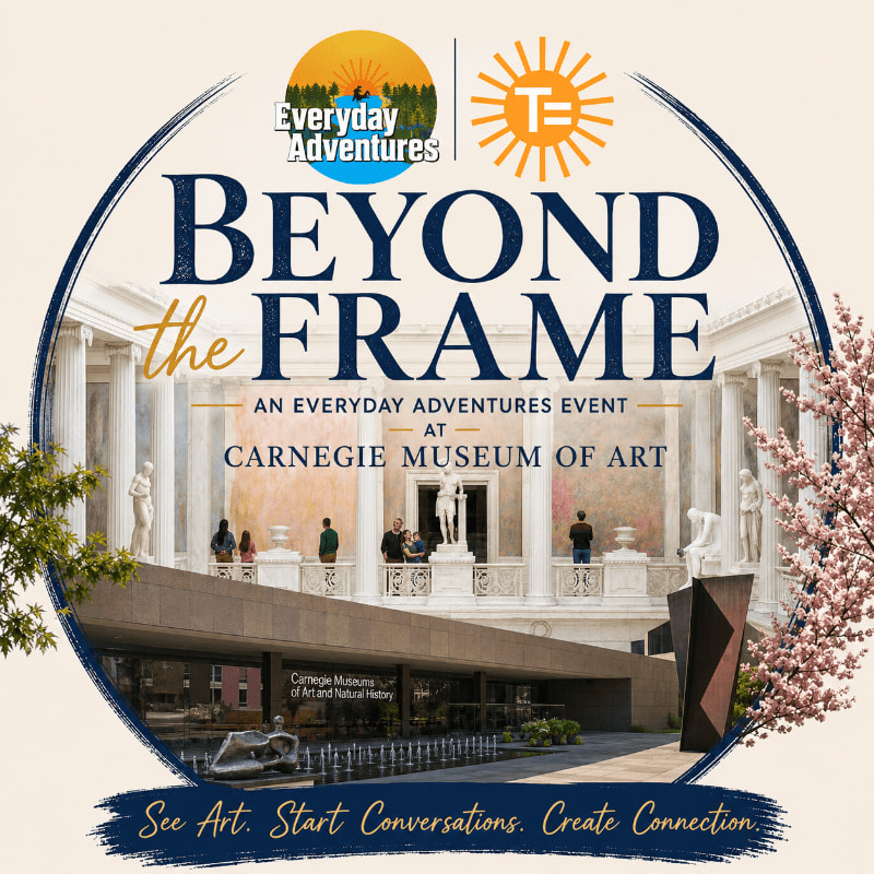A blooming cherry tree in the foreground frames a view of the Carnegie Museum of Art, with the event title "Beyond the Frame" overlaid.