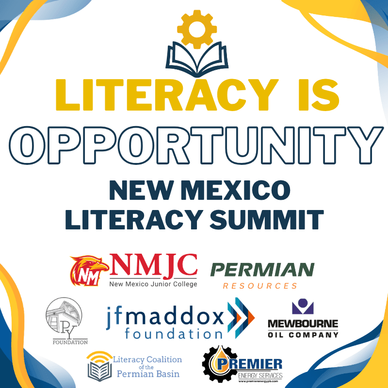 In the foreground, the New Mexico Literacy Summit logo features bold text and sponsor logos, while the background is a soft, abstract design with yellow and white curves.