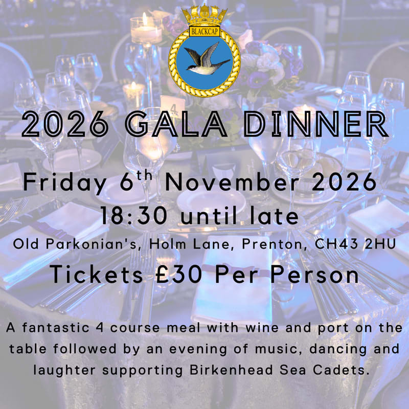 A formal table setting with place settings and floral arrangements in the foreground is overlaid with text announcing a 2026 Gala Dinner, with a blurred background of a dining hall.