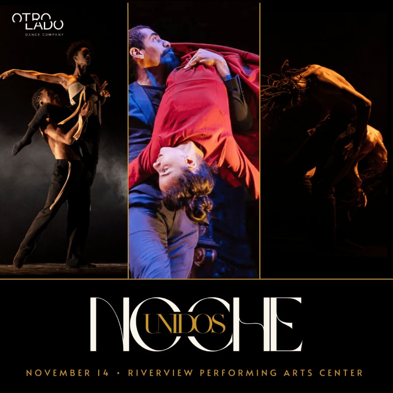 Three dynamic dance performances are showcased against a dark background, with text at the bottom announcing "UNIDOS NOCHE" and event details.