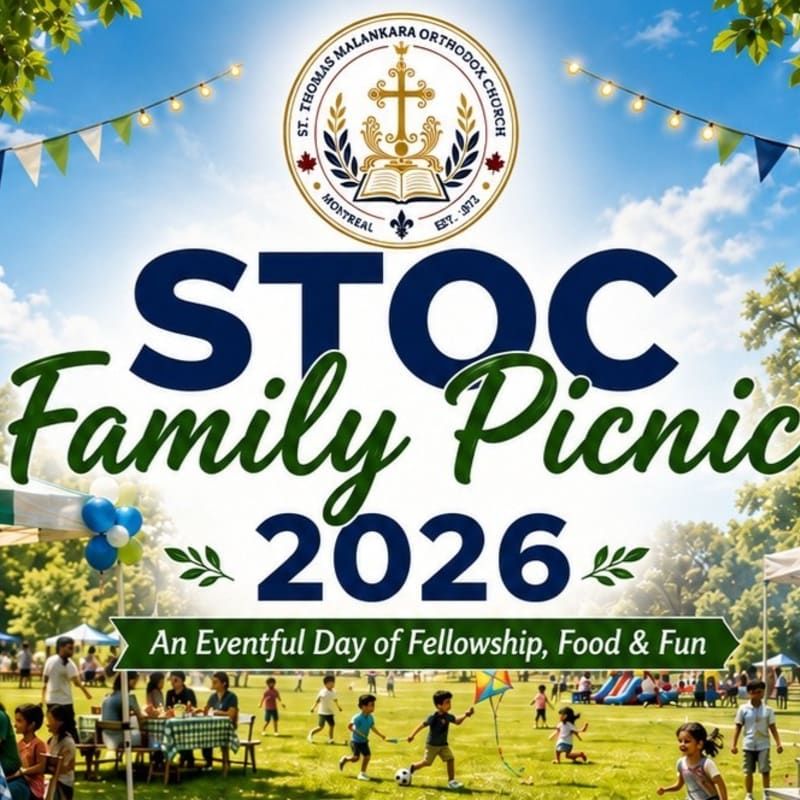 A vibrant outdoor picnic scene unfolds with families enjoying themselves on a grassy field in the foreground, while a bright blue sky with festive bunting and the church logo adorns the background.