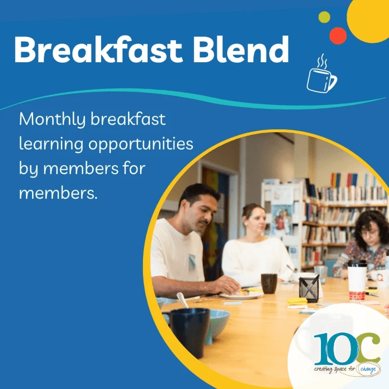 In the foreground, people are gathered around a table, while the background features bookshelves and a blue graphic with text about "Breakfast Blend."