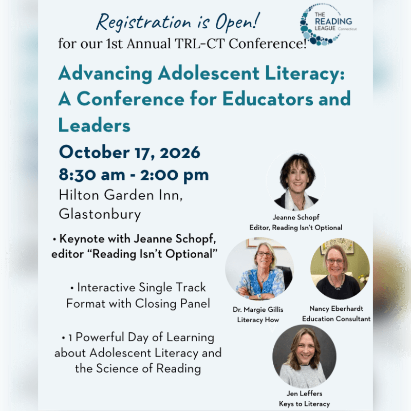 A flyer announces the "Advancing Adolescent Literacy" conference on October 17, 2026, featuring photos of speakers in the background.